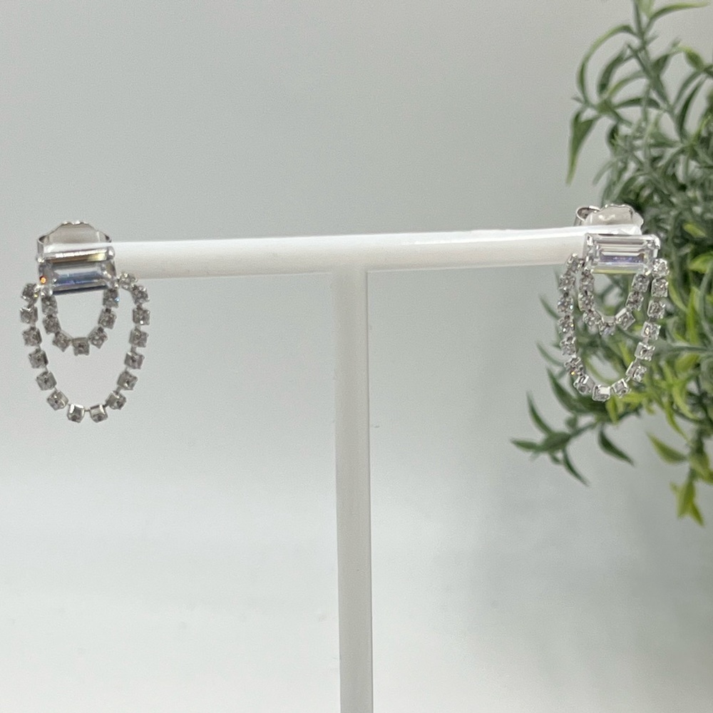 Diamonique/Lisa Freede collection CZ Emerald Cut Chain Post Earrings Rhodium New